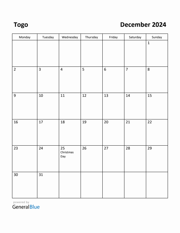 December 2024 Calendar with Togo Holidays