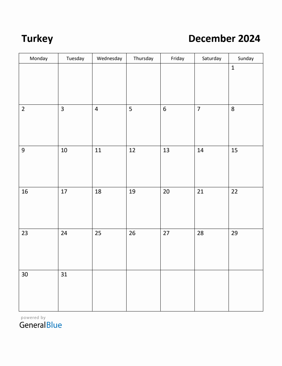 Free Printable December 2024 Calendar for Turkey