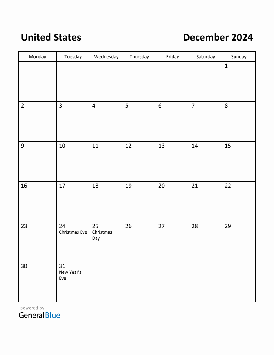 Free Printable December 2024 Calendar for United States