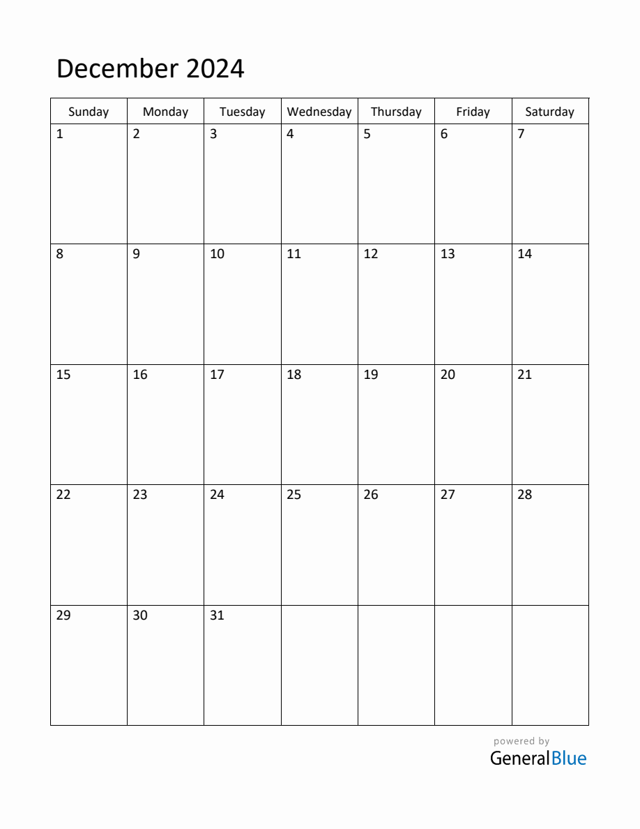 Editable December 2024 Monthly Calendar