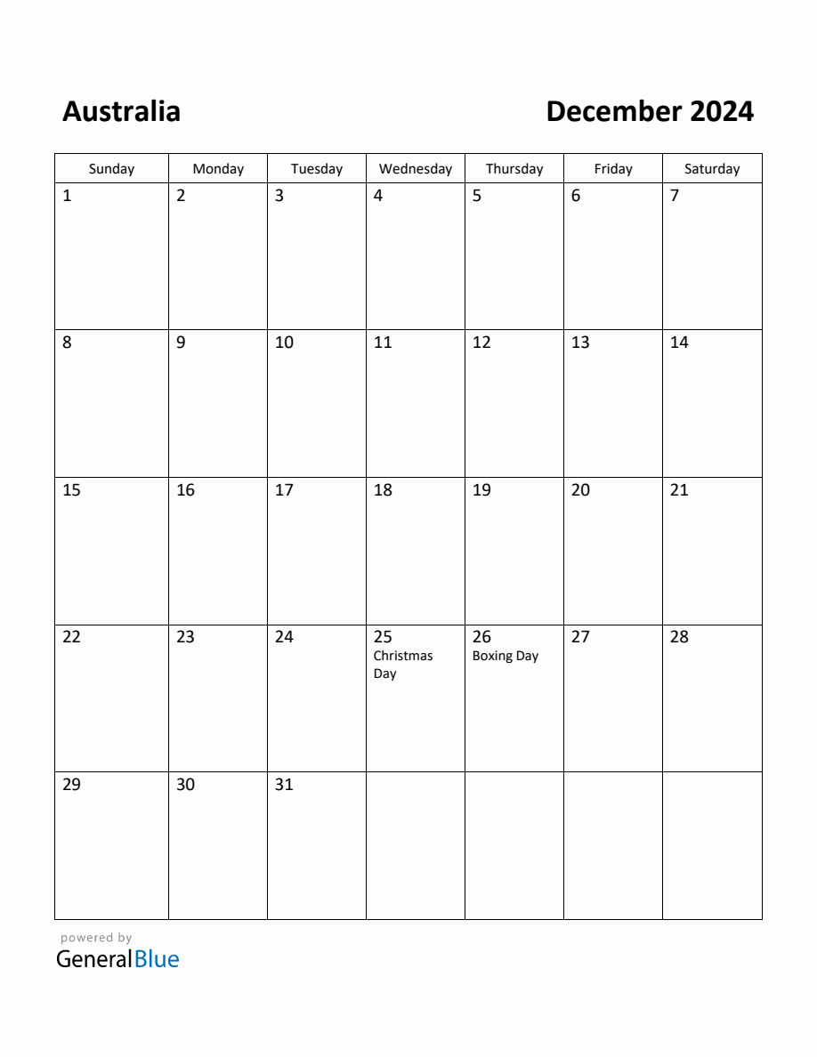 Free Printable December 2024 Calendar for Australia