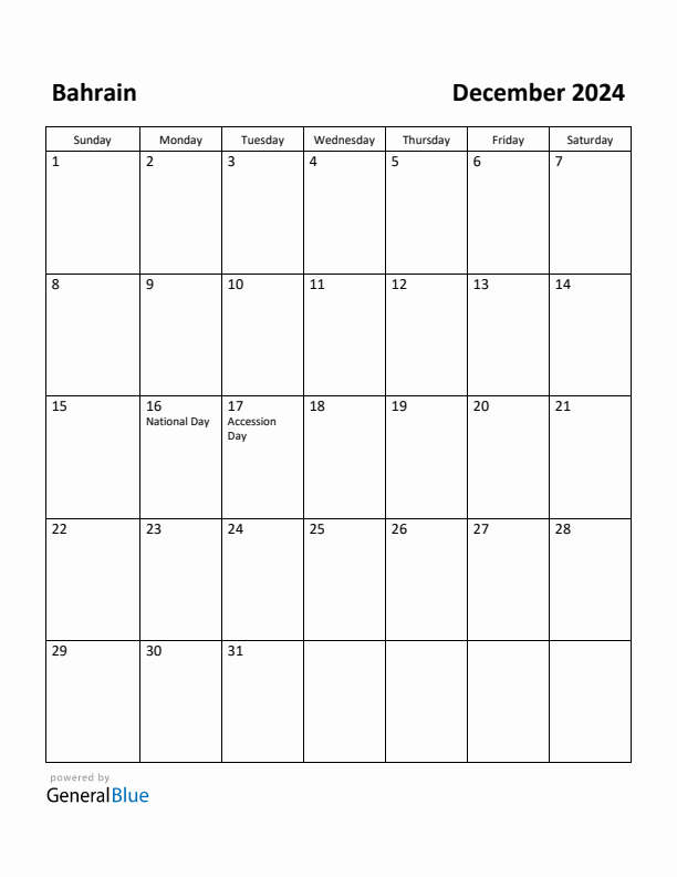 Free Printable December 2024 Calendar for Bahrain