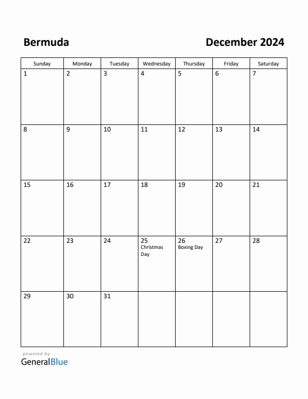 Free Printable December 2024 Calendar for Bermuda