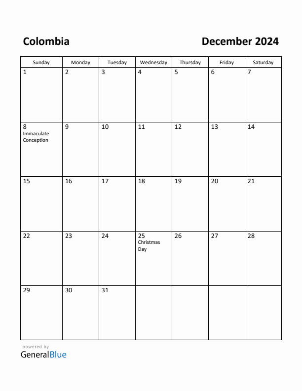 Free Printable December 2024 Calendar for Colombia