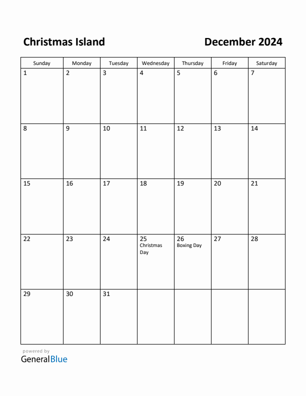 December 2024 Monthly Calendar with Christmas Island Holidays