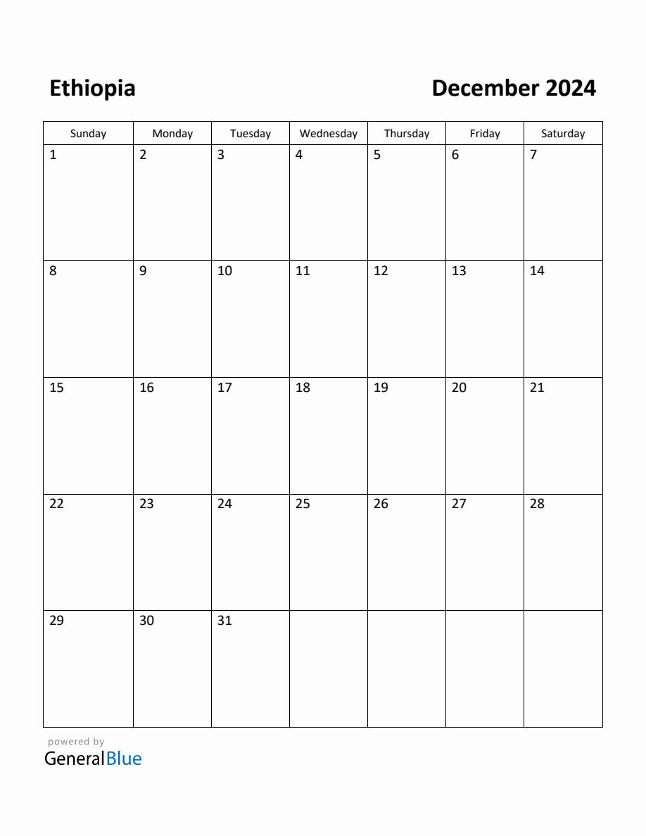 Free Printable December 2024 Calendar for Ethiopia