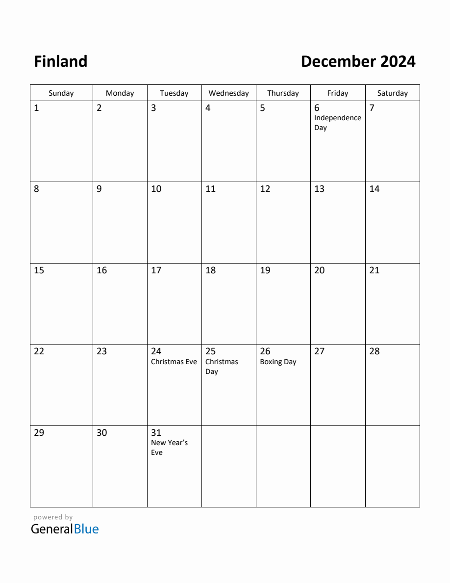 Free Printable December 2024 Calendar for Finland