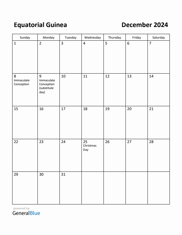 December 2024 Calendar with Equatorial Guinea Holidays