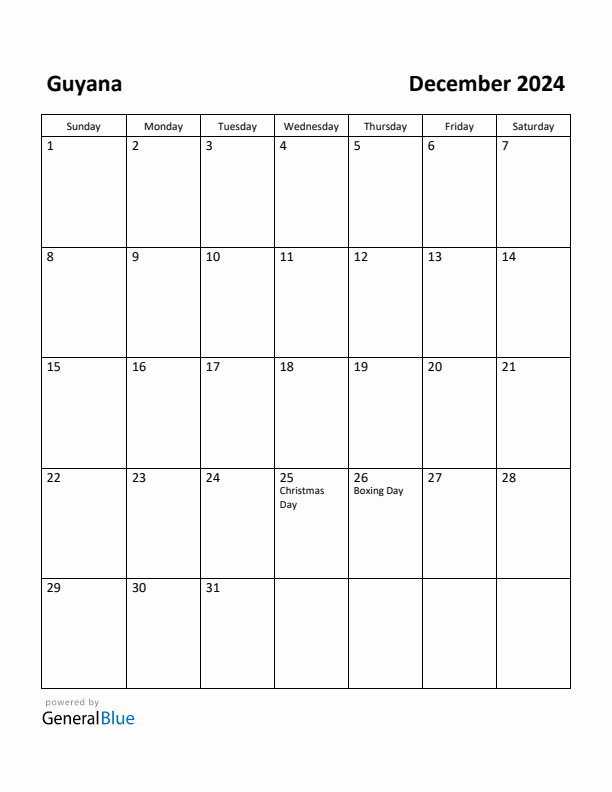 December 2024 Calendar with Guyana Holidays