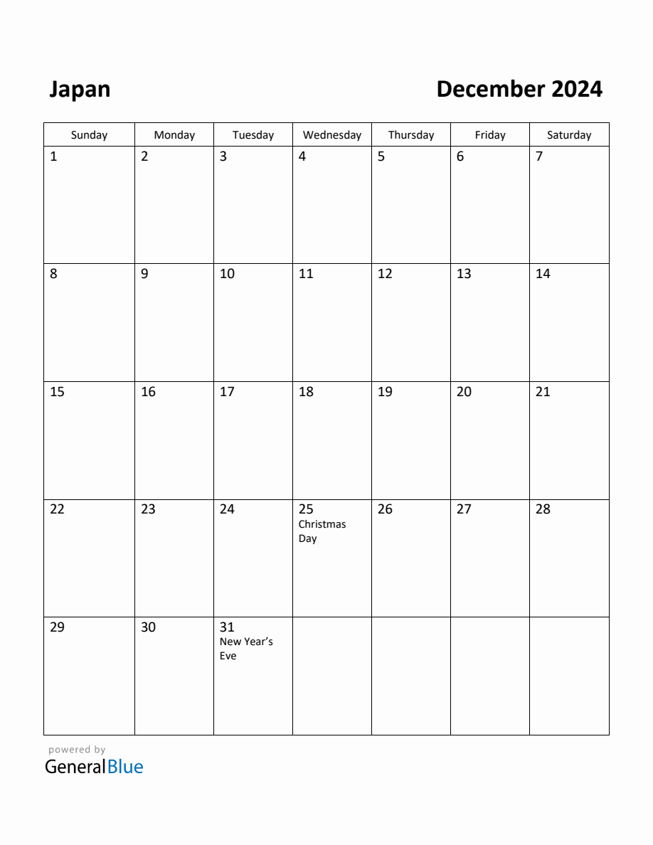 Free Printable December 2024 Calendar for Japan