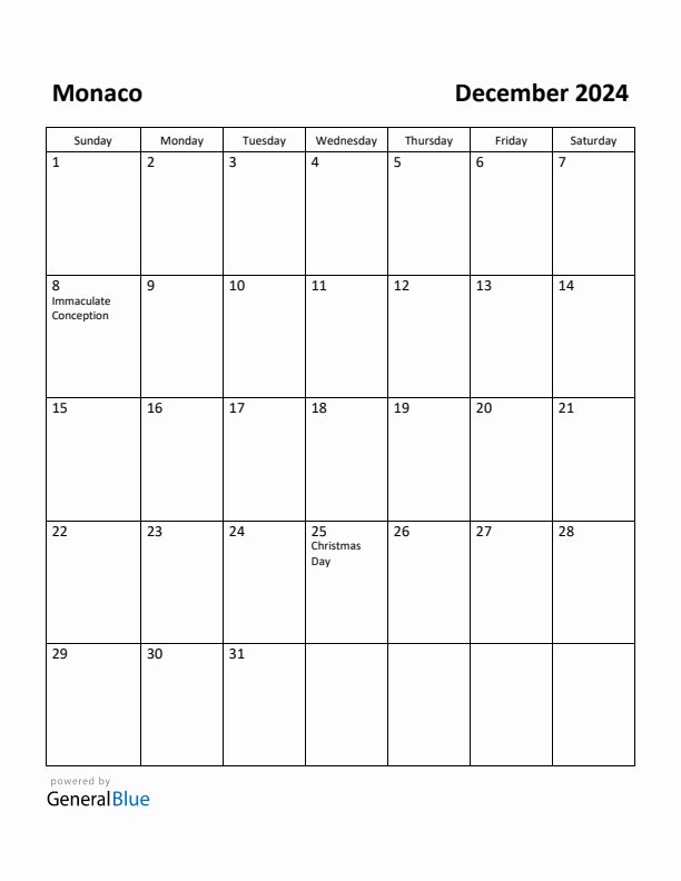 December 2024 Calendar with Monaco Holidays