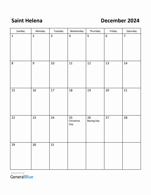 December 2024 Calendar with Saint Helena Holidays