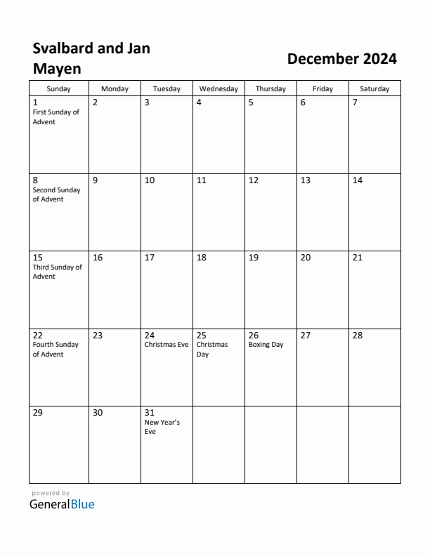 December 2024 Calendar with Svalbard and Jan Mayen Holidays