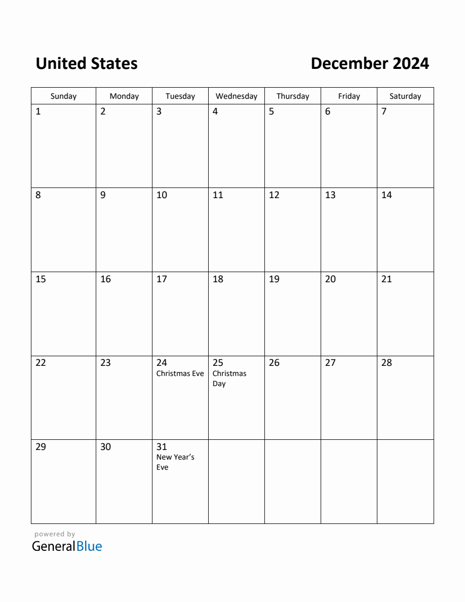 Free Printable December 2024 Calendar for United States