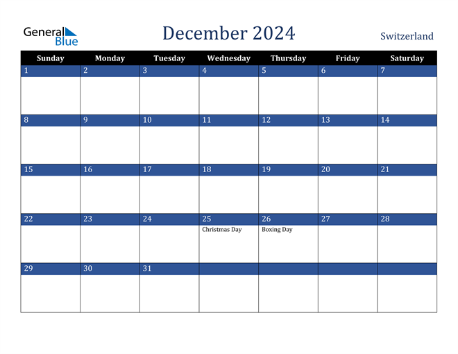 Switzerland December 2024 Calendar with Holidays