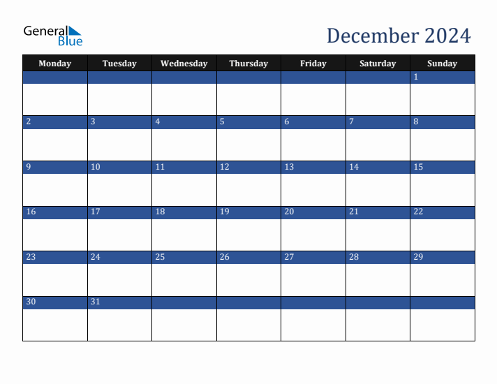 Monday Start Calendar for December 2024