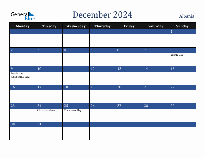 December 2024 Albania Calendar (Monday Start)