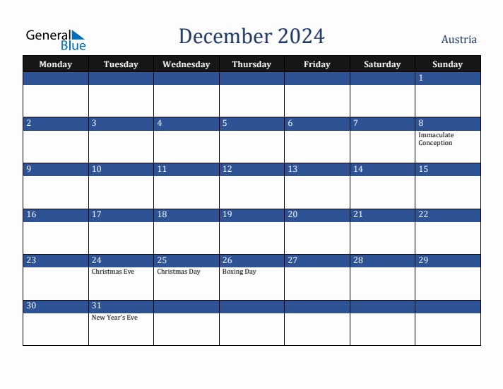 December 2024 Austria Calendar (Monday Start)