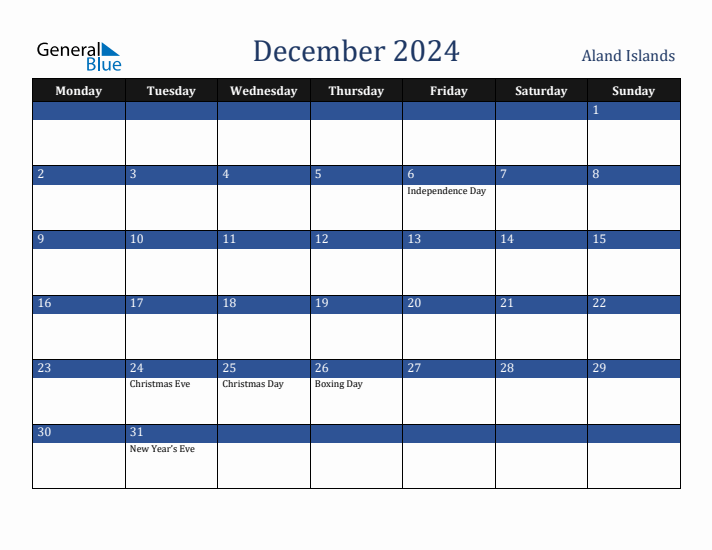 December 2024 Aland Islands Calendar (Monday Start)