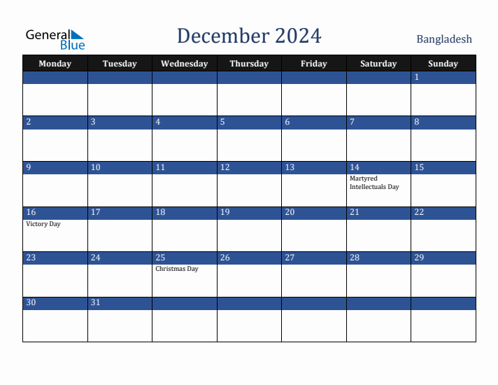 December 2024 Bangladesh Calendar (Monday Start)