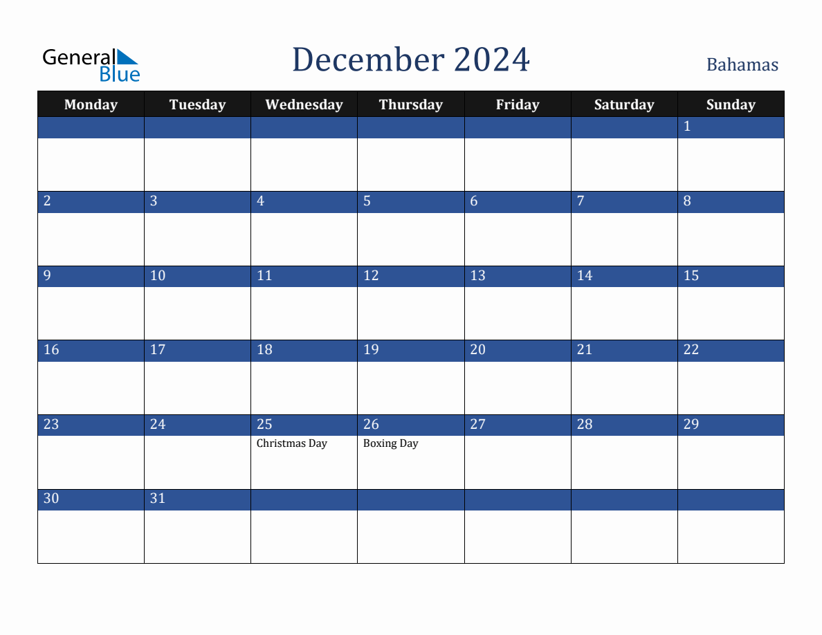 December 2024 Bahamas Holiday Calendar