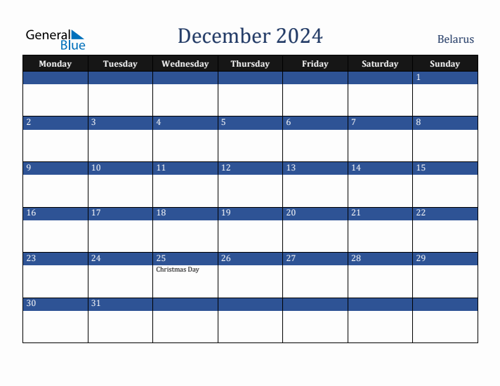 December 2024 Belarus Calendar (Monday Start)