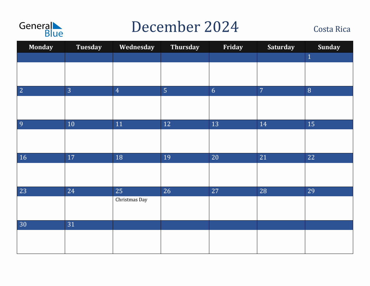 December 2024 Costa Rica Holiday Calendar