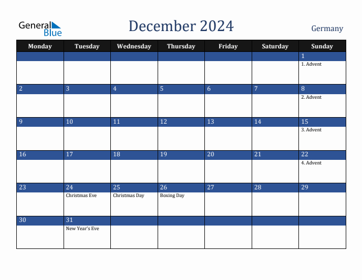 December 2024 Germany Calendar (Monday Start)