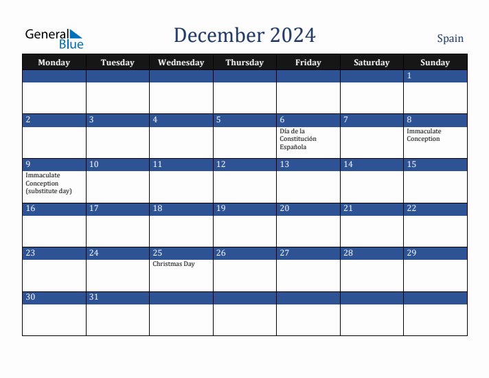 December 2024 Spain Monthly Calendar with Holidays