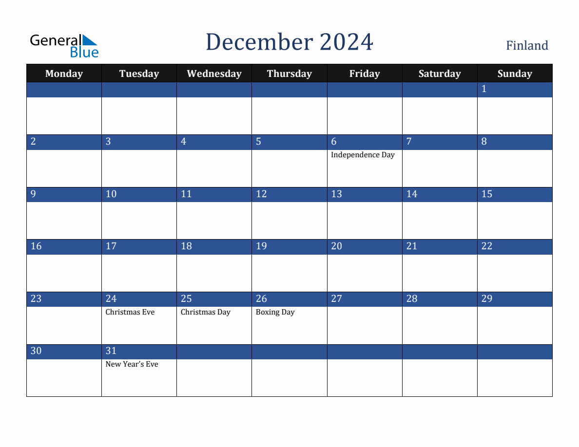 December 2024 Finland Holiday Calendar