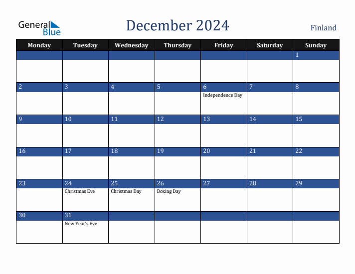 December 2024 Finland Calendar (Monday Start)