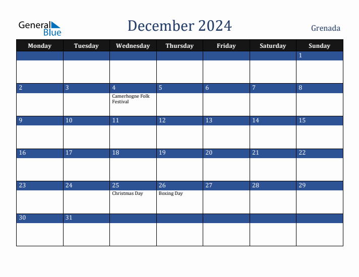 December 2024 Grenada Calendar (Monday Start)