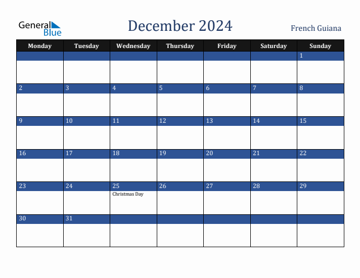 December 2024 French Guiana Calendar (Monday Start)
