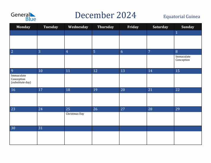 December 2024 Equatorial Guinea Calendar (Monday Start)
