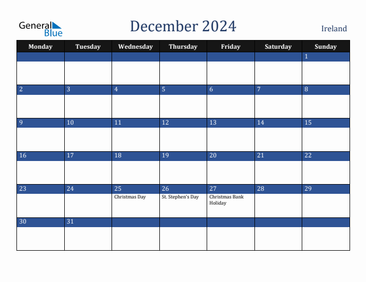 December 2024 Ireland Monthly Calendar with Holidays