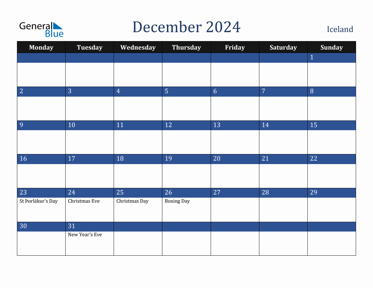 December 2024 Iceland Holiday Calendar