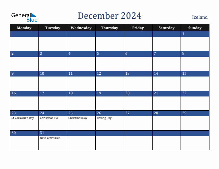 December 2024 Iceland Calendar (Monday Start)