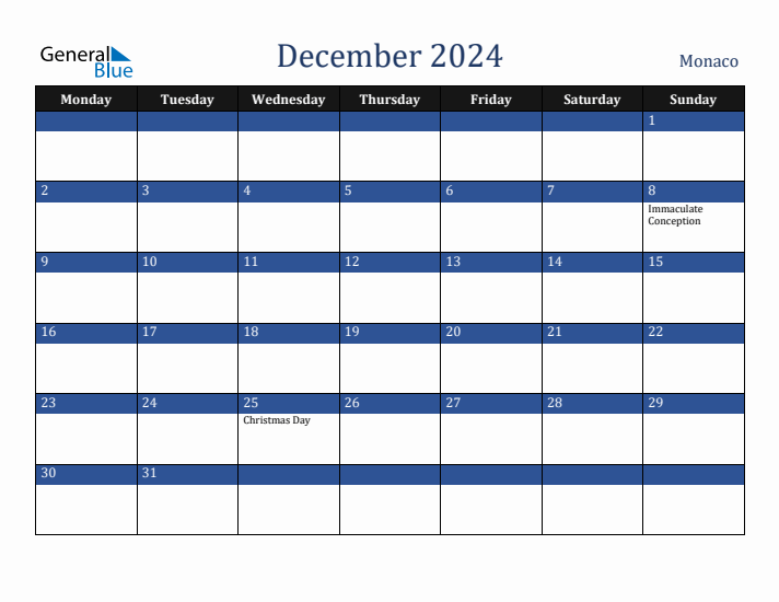 December 2024 Monaco Calendar (Monday Start)