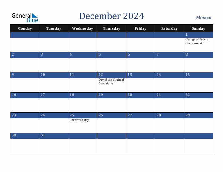 December 2024 Mexico Calendar (Monday Start)