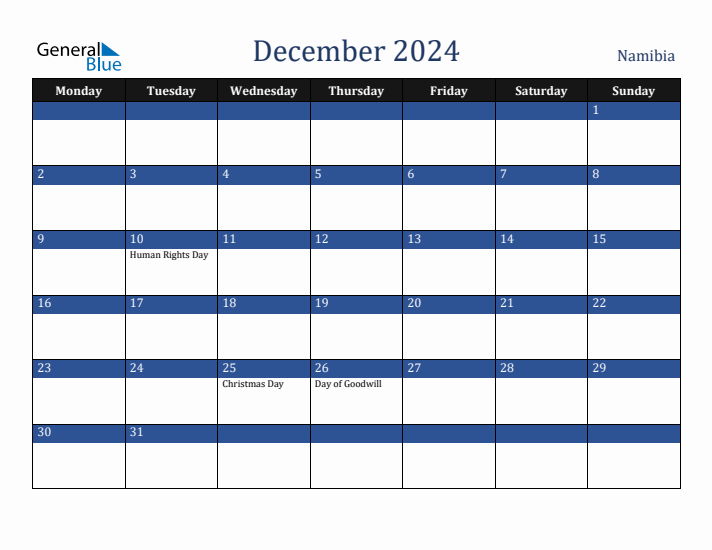 December 2024 Namibia Calendar (Monday Start)