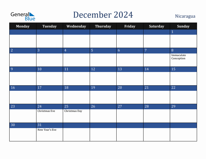 December 2024 Nicaragua Calendar (Monday Start)