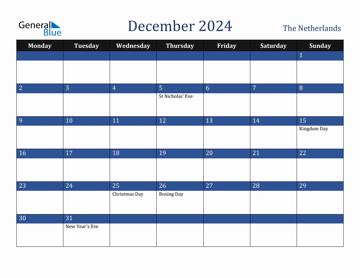 December 2024 Netherlands Holiday Calendar