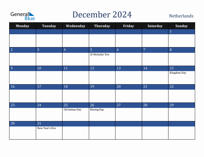 December 2024 The Netherlands Calendar (Monday Start)