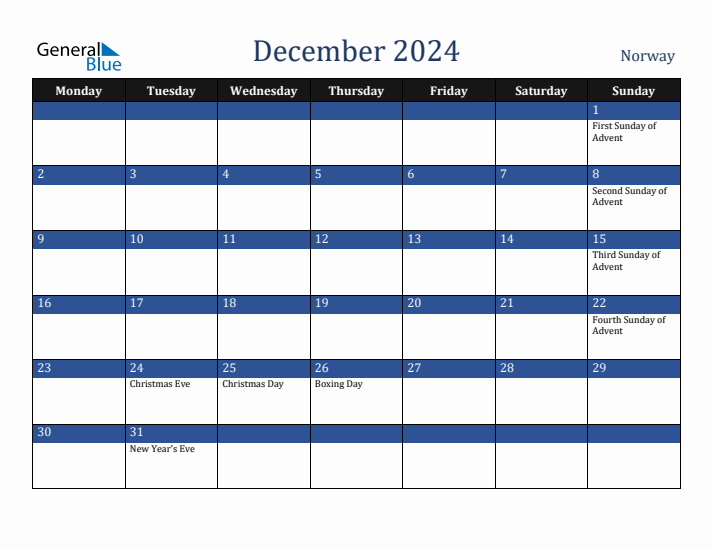 December 2024 Norway Calendar (Monday Start)