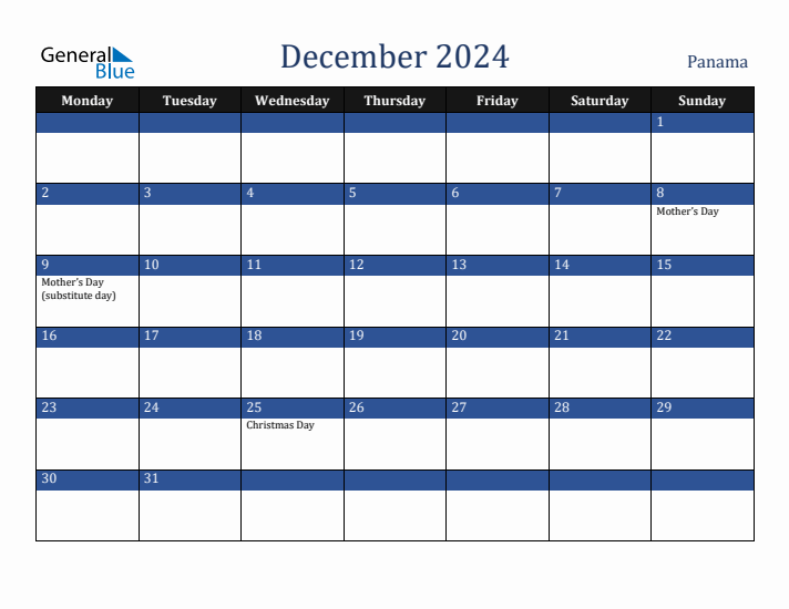 December 2024 Panama Calendar (Monday Start)