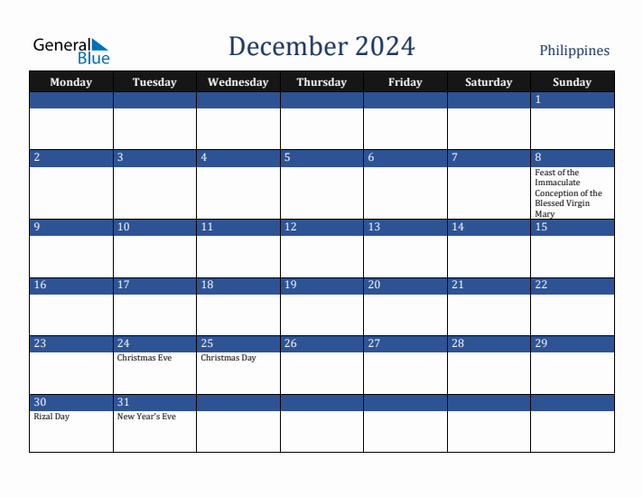 December 2024 Philippines Calendar (Monday Start)