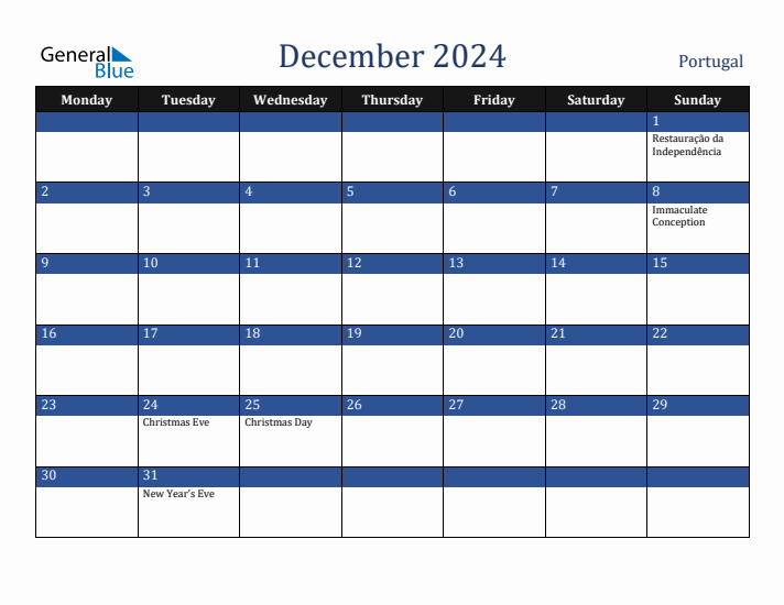 December 2024 Portugal Calendar (Monday Start)