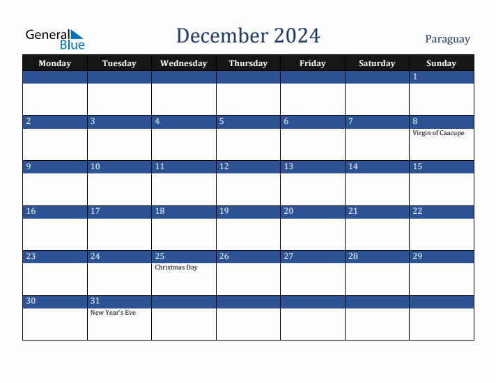 December 2024 Paraguay Calendar (Monday Start)