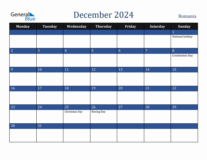 December 2024 Romania Calendar (Monday Start)