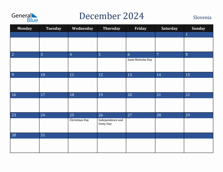 December 2024 Slovenia Calendar (Monday Start)